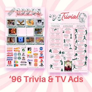 Puede incluir: Dos carteles rosas con texto e im&aacute;genes. Uno titulado "1990s Television Ads" presenta pantallas de televisi&oacute;n y logotipos. El otro, "'96 Trivia!", enumera tendencias, premios y datos deportivos. La parte inferior dice "'96 Trivia & TV Ads".