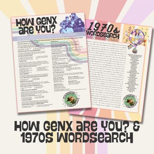 K&ouml;nnte beinhalten: Zwei farbenfrohe Papierdrucke. Einer fragt "How GenX are You?" mit einer Liste von Fragen. Der andere ist ein 1970er-Jahre-Suchsel. Beide haben ein Retro-Design mit Regenbogenfarben.