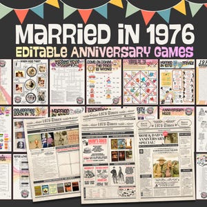 50th Anniversary Games | Married in 1976 | Editable in Canva | Bonus Giant Wordsearch & 1970's Tribute Newspaper | Download + Print!