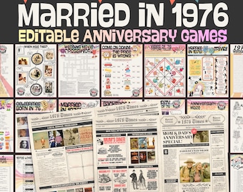 50th Anniversary Games | Married in 1976 | Editable in Canva | Bonus Giant Wordsearch & 1970's Tribute Newspaper | Download + Print!