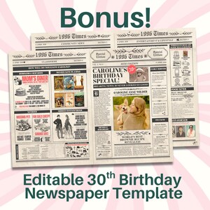 Puede incluir: Una plantilla de estilo peri&oacute;dico con el titular "&iexcl;Caroline's 30th Birthday Special!" y el texto "1996 Times". El dise&ntilde;o incluye secciones para anuncios clasificados, pel&iacute;culas y noticias de comida. La parte inferior dice "Plantilla de peri&oacute;dico de cumplea&ntilde;os n&uacute;mero 30 editable."