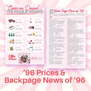 Puede incluir: Un cartel rosa y blanco con el texto "Come on Down! The Price is Wrong!" y "Back Page News of '96." El cartel incluye comparaciones de precios y titulares de noticias de 1996.