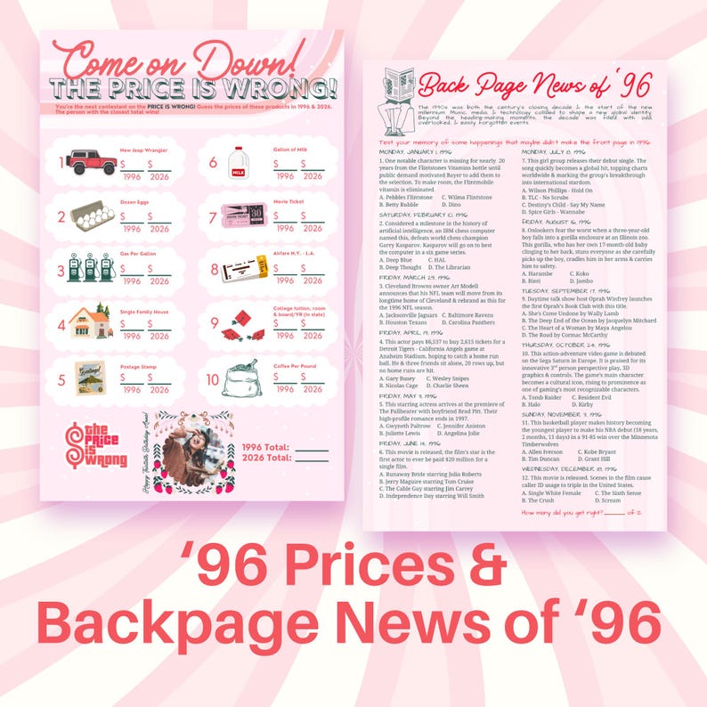 Puede incluir: Un cartel rosa y blanco con el texto "Come on Down! The Price is Wrong!" y "Back Page News of '96." El cartel incluye comparaciones de precios y titulares de noticias de 1996.