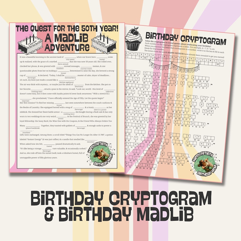 K&ouml;nnte beinhalten: Ein Mad Libs-Abenteuer und ein Geburtstagskryptogramm-Arbeitsblatt. Die Bl&auml;tter haben einen rosa, gelben und orangefarbenen Farbverlauf im Hintergrund. Das Mad Libs-Blatt hat eine Kuchendarstellung und das Kryptogramm-Blatt eine Cupcake-Darstellung. Der Text lautet "Alles Gute zum f&uuml;nfzigsten Geburtstag, Mama".