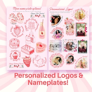 Puede incluir: Elementos de dise&ntilde;o gr&aacute;fico rosa para logotipos y placas de identificaci&oacute;n personalizados. La imagen presenta varias ilustraciones con tem&aacute;tica de cumplea&ntilde;os, incluyendo pasteles, fresas y botellas de champ&aacute;n, con el texto "Happy 30th Caroline!" y "Happy Thirtieth Birthday Caroline!"