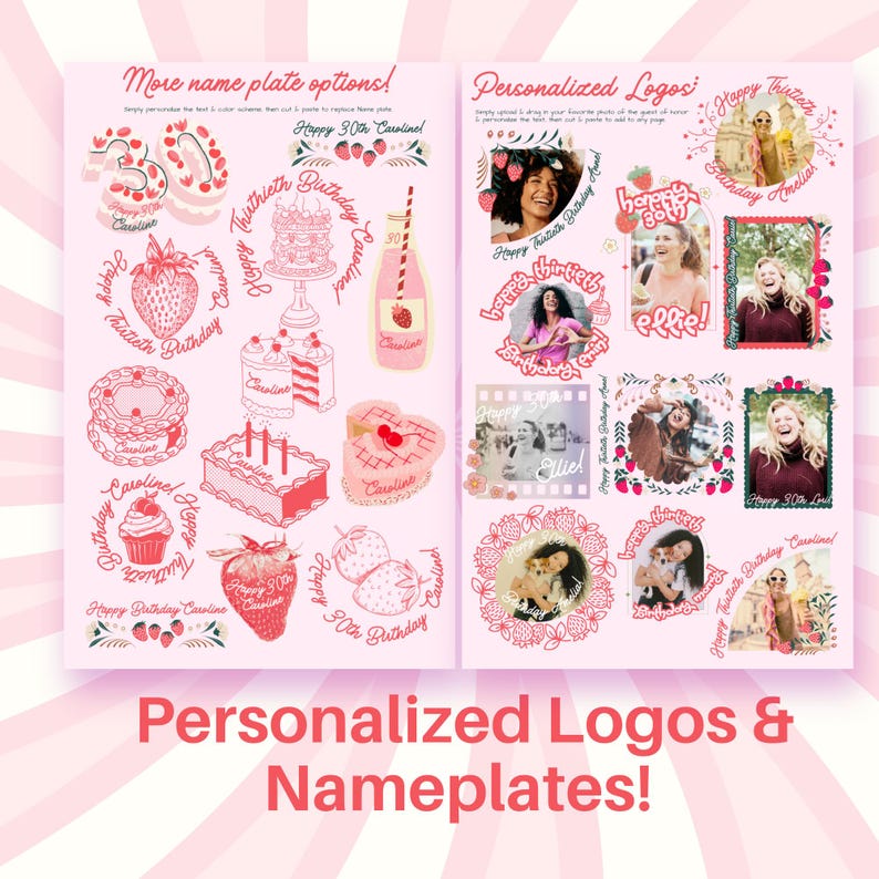 Puede incluir: Elementos de dise&ntilde;o gr&aacute;fico rosa para logotipos y placas de identificaci&oacute;n personalizados. La imagen presenta varias ilustraciones con tem&aacute;tica de cumplea&ntilde;os, incluyendo pasteles, fresas y botellas de champ&aacute;n, con el texto "Happy 30th Caroline!" y "Happy Thirtieth Birthday Caroline!"