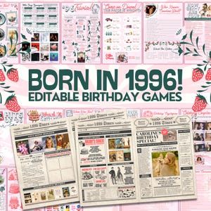 以下が含まれることがあります： ピンクと白をテーマにした、印刷可能な誕生日ゲームのコレクション。ゲームには、トリビア、90年代の曲ゲーム、'Come on Down'ゲームが含まれます。メインテキストは「Born in 1996! Editable Birthday Games」と書かれています。