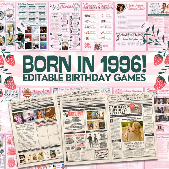 30th Birthday Games | Born in 1996 | Edit in Canva | Bonus 1990s Tribute Newspaper | Download + Print!