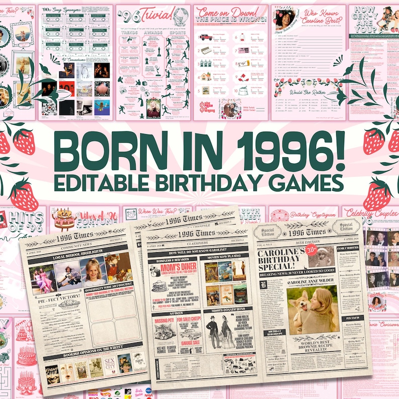 Puede incluir: Una colecci&oacute;n de juegos de cumplea&ntilde;os imprimibles con un tema rosa y blanco. Los juegos incluyen trivia, un juego de canciones de los 90 y un juego 'Come on Down'. El texto principal dice 'Born in 1996! Editable Birthday Games'.