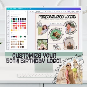 K&ouml;nnte beinhalten: Ein Computerbildschirm zeigt ein Design f&uuml;r ein personalisiertes Logo zum 50. Geburtstag. Das Design enth&auml;lt Fotos, Text und dekorative Elemente. Die W&ouml;rter "Personalisierte Logos" und "Gestalten Sie Ihr 50. Geburtstagslogo!" sind sichtbar.