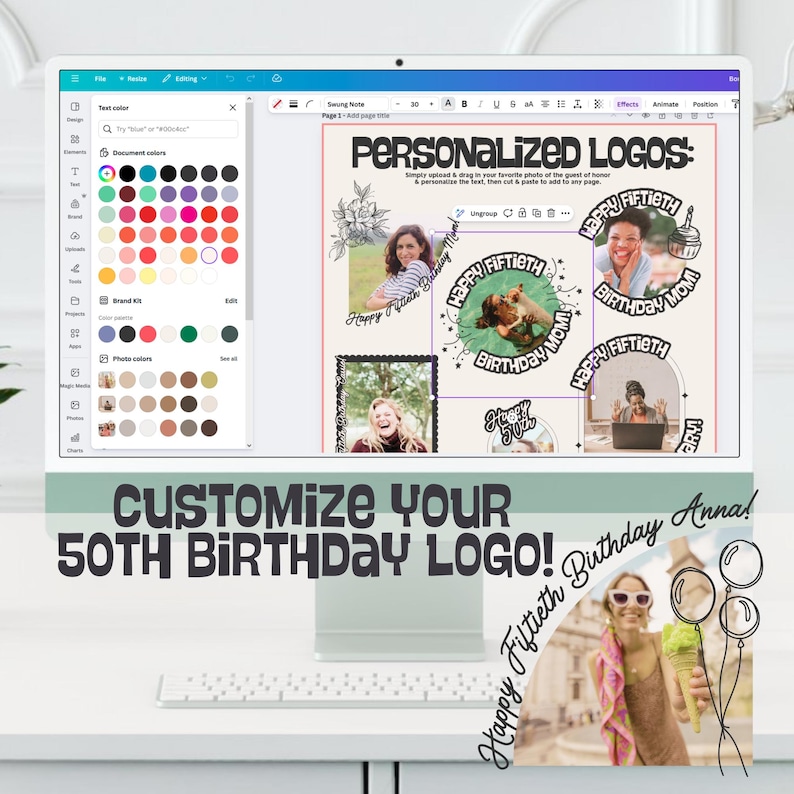 K&ouml;nnte beinhalten: Ein Computerbildschirm zeigt ein Design f&uuml;r ein personalisiertes Logo zum 50. Geburtstag. Das Design enth&auml;lt Fotos, Text und dekorative Elemente. Die W&ouml;rter "Personalisierte Logos" und "Gestalten Sie Ihr 50. Geburtstagslogo!" sind sichtbar.