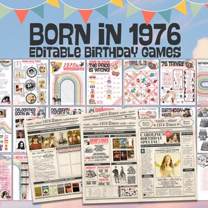 Paquete de juegos para el 50 cumpleaños / Nacida en 1976 / Tema vaquero retro del Oeste / Edita en Canva / Periódico de homenaje a los años 70 de regalo / ¡Descarga e imprime!