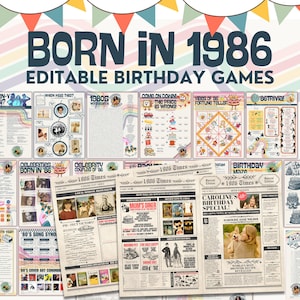 Juegos retro del 40.º cumpleaños / Nacido en 1986 / Editar en Canva / Periódico tributo adicional de los 80 / ¡Descargar + Imprimir!