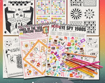 Pages d'activités pour enfants et adolescents des années 80 | Téléchargez et imprimez instantanément | Nostalgie des années 80 | Coloriages | Eye Spy | Anniversaire rétro | Jeu pour la classe
