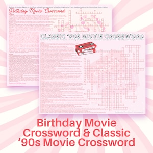 Puede incluir: Dos crucigramas rosas, uno titulado "Birthday Movie Crossword" y el otro "Classic '90s Movie Crossword". Los rompecabezas est&aacute;n sobre un fondo rosa con un patr&oacute;n de rayas rosas y blancas. El texto "Birthday Movie Crossword & Classic '90s Movie Crossword" est&aacute; en la parte inferior.