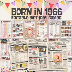 May include: A collection of printable birthday games with a 1966 theme. The designs include newspaper layouts, trivia, and other fun activities. The color scheme is vintage with a mix of fonts and graphics.