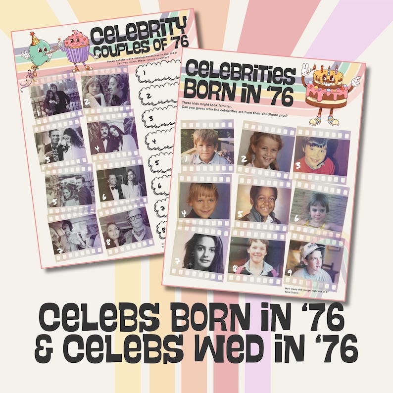 K&ouml;nnte beinhalten: Zwei Spielb&ouml;gen im Retro-Stil mit dem Text "Celebrity Couples of '76" und "Celebrities Born in '76". Jedes Blatt zeigt Promi-Fotos. Der untere Teil des Bildes lautet "Celebs Born in '76 & Celebs Wed in '76".
