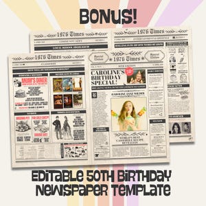 K&ouml;nnte beinhalten: Eine Vorlage f&uuml;r eine Zeitung im Vintage-Stil mit der &Uuml;berschrift "Caroline's Birthday Special!" und dem Text "Bearbeitbare 50. Geburtstag Zeitungs Vorlage". Das Design umfasst Abschnitte f&uuml;r Nachrichten, Kleinanzeigen und Unterhaltung.