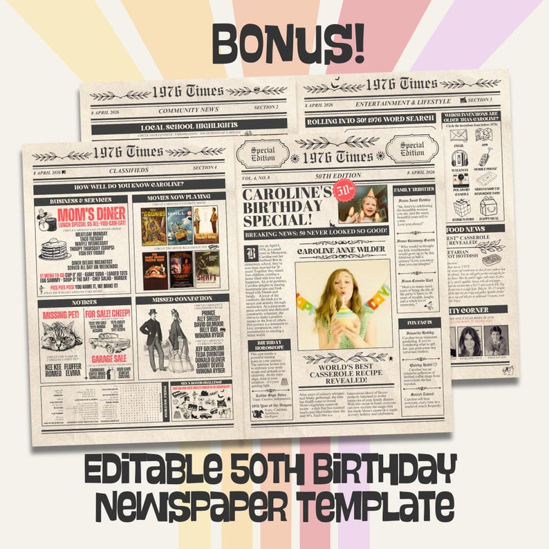 K&ouml;nnte beinhalten: Eine Vorlage f&uuml;r eine Zeitung im Vintage-Stil mit der &Uuml;berschrift "Caroline's Birthday Special!" und dem Text "Bearbeitbare 50. Geburtstag Zeitungs Vorlage". Das Design umfasst Abschnitte f&uuml;r Nachrichten, Kleinanzeigen und Unterhaltung.