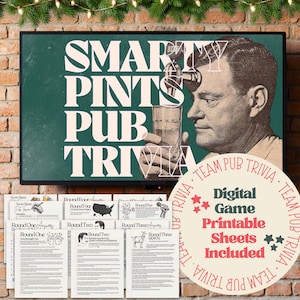 Könnte beinhalten: Ein digitales Kneipenquiz-Spiel mit druckbaren Blättern. Das Hauptbild zeigt "Smarty Pints Pub Trivia" mit einer Vintage-Illustration eines Mannes, der Bier einschenkt. Zusätzliche Blätter enthalten Quizfragen und Antworten.