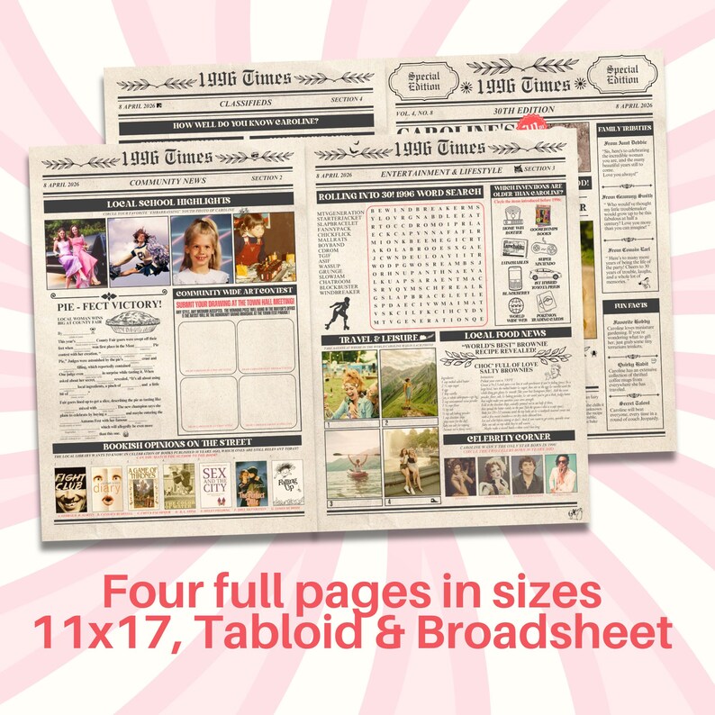 Puede incluir: Tres p&aacute;ginas de peri&oacute;dico de estilo vintage tituladas "1996 Times" con art&iacute;culos, fotos y una sopa de letras. El texto "Cuatro p&aacute;ginas completas en tama&ntilde;os 28x43cm, Tabloide y Broadsheet" est&aacute; en la parte inferior. Las p&aacute;ginas tienen un fondo crema.