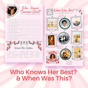 Puede incluir: Hojas de juego rosas con el texto "Who Knows Caroline Best?" y "When Was This?" con detalles florales y de fresas. El juego incluye preguntas y marcos de fotos para adivinar el a&ntilde;o.