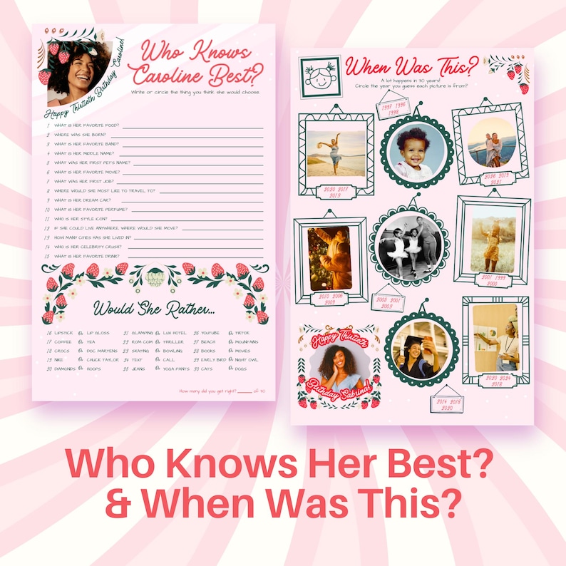 Puede incluir: Hojas de juego rosas con el texto "Who Knows Caroline Best?" y "When Was This?" con detalles florales y de fresas. El juego incluye preguntas y marcos de fotos para adivinar el a&ntilde;o.