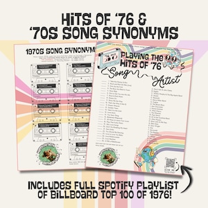 K&ouml;nnte beinhalten: Zwei Retro-Poster mit dem Text "HITS OF '76 & '70S SONG SYNONYMS". Eines listet Song-Synonyme auf, das andere Songs und K&uuml;nstler. Die Poster haben ein farbenfrohes, Vintage-Design mit Kassettenillustrationen und dem Text "Includes Full Spotify Playlist of Billboard Top 100 of 1976!"