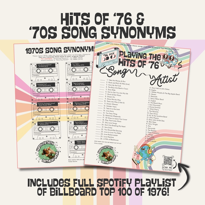 K&ouml;nnte beinhalten: Zwei Retro-Poster mit dem Text "HITS OF '76 & '70S SONG SYNONYMS". Eines listet Song-Synonyme auf, das andere Songs und K&uuml;nstler. Die Poster haben ein farbenfrohes, Vintage-Design mit Kassettenillustrationen und dem Text "Includes Full Spotify Playlist of Billboard Top 100 of 1976!"