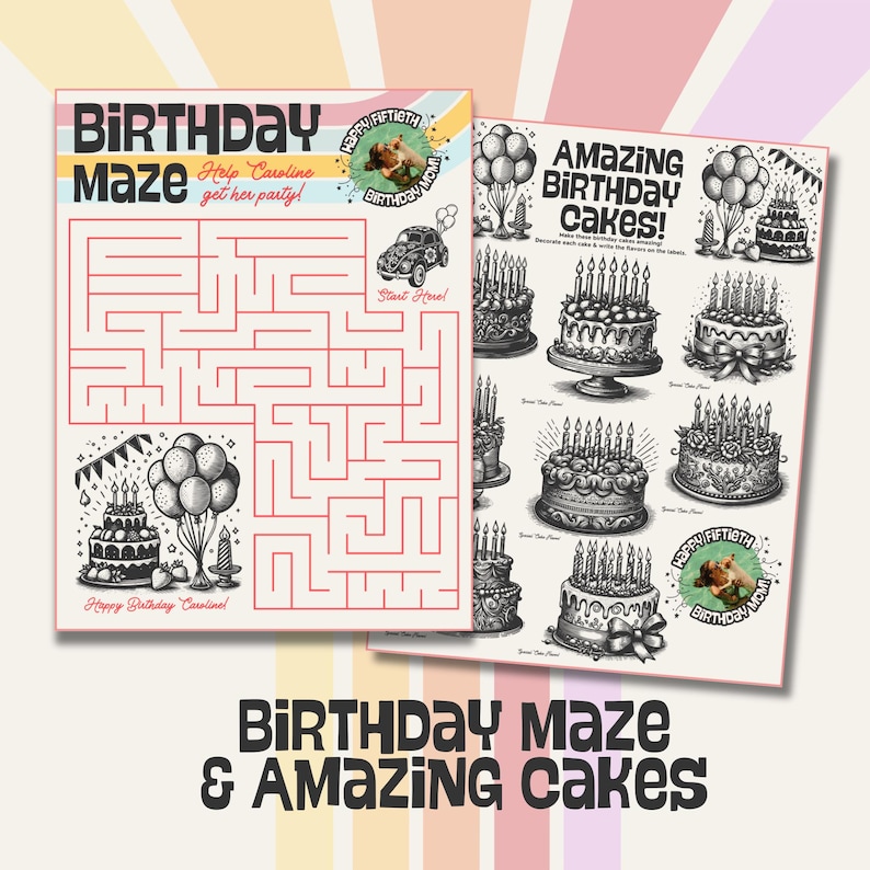 K&ouml;nnte beinhalten: Zwei druckbare Geburtstags-Aktivit&auml;tsbl&auml;tter. Eines ist ein Labyrinth mit dem Text "Birthday Maze" und "Help Caroline get her party!". Das andere Blatt zeigt Illustrationen von Geburtstagskuchen mit Kerzen. Der Text "Amazing Birthday Cakes!" ist ebenfalls vorhanden.
