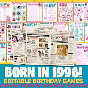 Juegos retro para el 30 cumpleaños / Nacido en 1996 / Editar en Canva / Periódico de homenaje a los 90 de regalo / Juego de bingo de los 90 de regalo / ¡Descargar e imprimir!