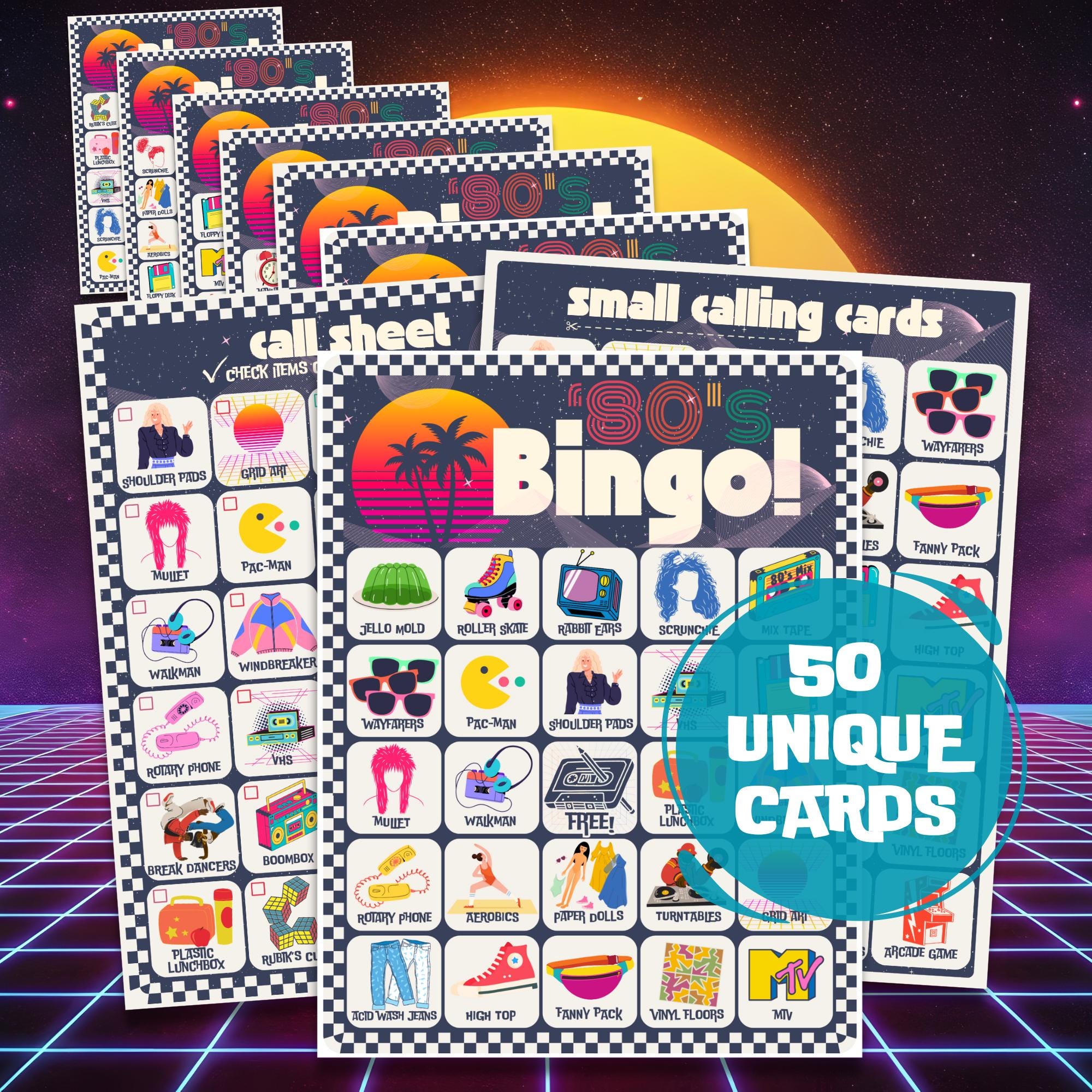 Gioco Disco Bingo Anni '80 - 50 Biglietti, Gioco Musicale Per Feste In Tema, 8+ Giocatori