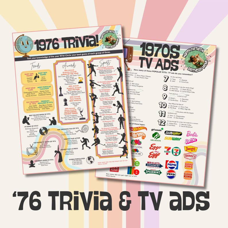 K&ouml;nnte beinhalten: Zwei Retro-Trivia- und TV-Werbeplakate. Das '76 Trivia-Poster zeigt Kategorien wie Trends, Awards und Sport. Das '70s TV Ads-Poster enth&auml;lt Logos und Quizfragen. Beide auf einem pastellfarbenen Hintergrund.