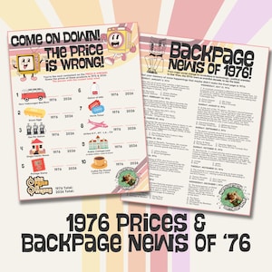 K&ouml;nnte beinhalten: Zwei Poster im Retro-Stil, eines mit der Aufschrift "COME ON DOWN! THE PRICE IS WRONG!" und das andere "BACKPAGE NEWS OF 1976!". Das erste hat ein Spielshow-Thema mit Produktpreisen. Das zweite listet Nachrichtenereignisse von 1976 auf.