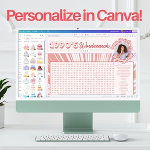 Puede incluir: Un ordenador de sobremesa muestra un juego de b&uacute;squeda de palabras titulado "1990's Wordsearch" con un esquema de color rosa y rojo. La pantalla tambi&eacute;n muestra gr&aacute;ficos de pasteles y el texto "Personalize in Canva!".