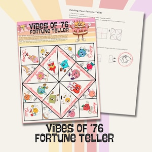 K&ouml;nnte beinhalten: Ein rosa-wei&szlig;es Wahrsagespiel mit dem Text "Vibes of '76 Fortune Teller". Das Spiel zeigt farbenfrohe Cartoon-Illustrationen und S&auml;tze wie "Cheeky" und "Groovy". Anweisungen zum Falten des Wahrsagers sind ebenfalls enthalten.
