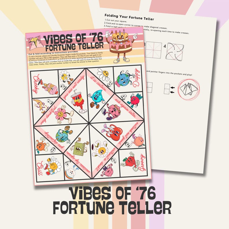 K&ouml;nnte beinhalten: Ein rosa-wei&szlig;es Wahrsagespiel mit dem Text "Vibes of '76 Fortune Teller". Das Spiel zeigt farbenfrohe Cartoon-Illustrationen und S&auml;tze wie "Cheeky" und "Groovy". Anweisungen zum Falten des Wahrsagers sind ebenfalls enthalten.