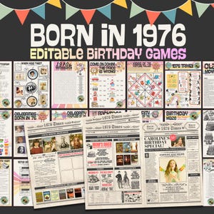 Puede incluir: Una colección de juegos de cumpleaños editables con temática de 1976. La imagen presenta varios tableros de juego, búsquedas de palabras, trivialidades y páginas estilo periódico con titulares como "Caroline's Birthday Special!" y "Mom's Diner."