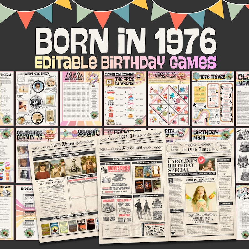 K&ouml;nnte beinhalten: Eine Sammlung bearbeitbarer Geburtstagsspiele zum Thema 1976. Das Bild zeigt verschiedene Spielbretter, Wortsuchr&auml;tsel, Quiz und Zeitungsseiten mit Schlagzeilen wie "Caroline's Birthday Special!" und "Mom's Diner."