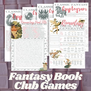 May include: A collection of fantasy book club games, including a word search, cryptogram, and book title generator. The pages feature illustrations of mythical creatures and decorative fonts. The words "Classic Fantasy" and "Romantasy" are visible.