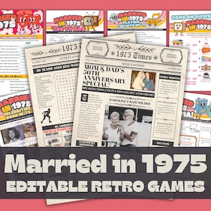 Paquete de juegos del 50.° aniversario / Casados en 1975 / Temática retro de los años 70 / Actividades imprimibles / Editables en Canva / Descarga instantánea