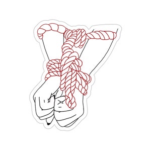 May include: A line drawing of two wrists bound together with red rope.