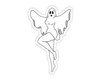 May include: A black and white line drawing of a ghost with a surprised expression, wearing a flowing gown and standing with one leg raised.