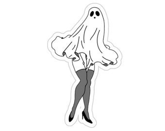 May include: A black and white illustration of a ghost wearing a white sheet and black stockings. The ghost is standing with its legs crossed and has a mischievous expression on its face.