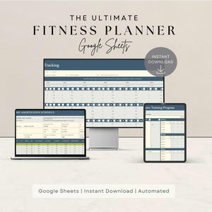 Puede incluir: Una imagen digital que muestra una pantalla de computadora que muestra una hoja de cálculo de Google Sheets titulada "The Ultimate Fitness Planner". La hoja de cálculo incluye una pestaña "Tracking" y una pestaña "RIE Amortization Schedule". La imagen también muestra una tableta que muestra una hoja de cálculo de Google Sheets titulada "Fitness Training Program". El texto "Google Sheets | Instant Download | Automated" se muestra en la parte inferior de la imagen.