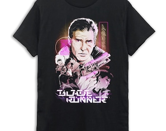 May include: Black t-shirt featuring a graphic from the movie Blade Runner. The design includes a portrait of Harrison Ford, other characters, a gun, and the movie title in white and purple. Japanese text is also present.