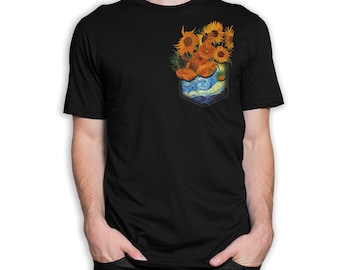Van Gogh's Sunflowers In a Starry Night Pocket T-Shirt, Men's Women's Sizes (wtb-014)