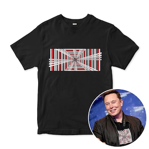 Op de afbeelding: Zwart T-shirt met een grafische print van een rood en wit geometrisch patroon dat een optische illusie van een tunnel creëert.