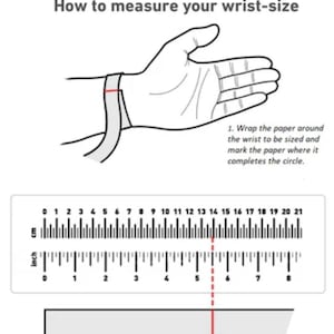 May include: Size chart graphic with instructions on how to measure wrist size. Includes a hand with a paper wrap, a ruler showing inches and centimeters, and text instructions. The wrist size is approximately 5.5 inches.