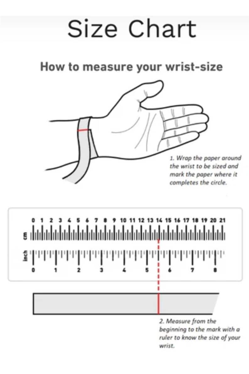 May include: Size chart graphic with instructions on how to measure wrist size. Includes a hand with a paper wrap, a ruler showing inches and centimeters, and text instructions. The wrist size is approximately 5.5 inches.